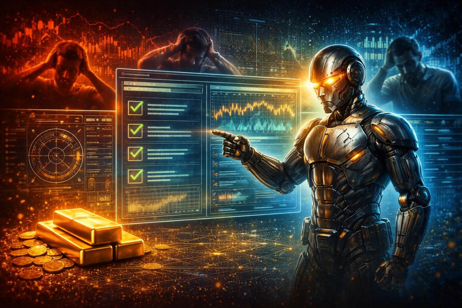An armored robotic advisor points toward market charts beside gold bars, symbolizing automated XAUUSD trading on MetaTrader 4.