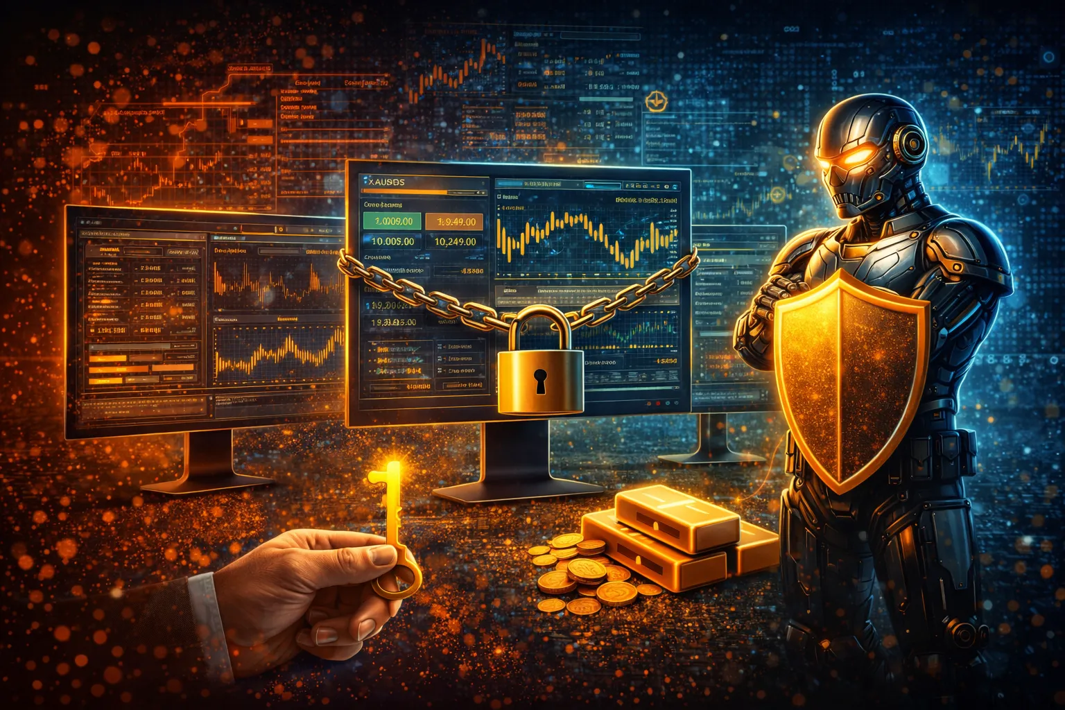 A trading robot guards gold charts and a locked monitor, symbolizing FXGoldFire’s controlled automated XAUUSD trading system.