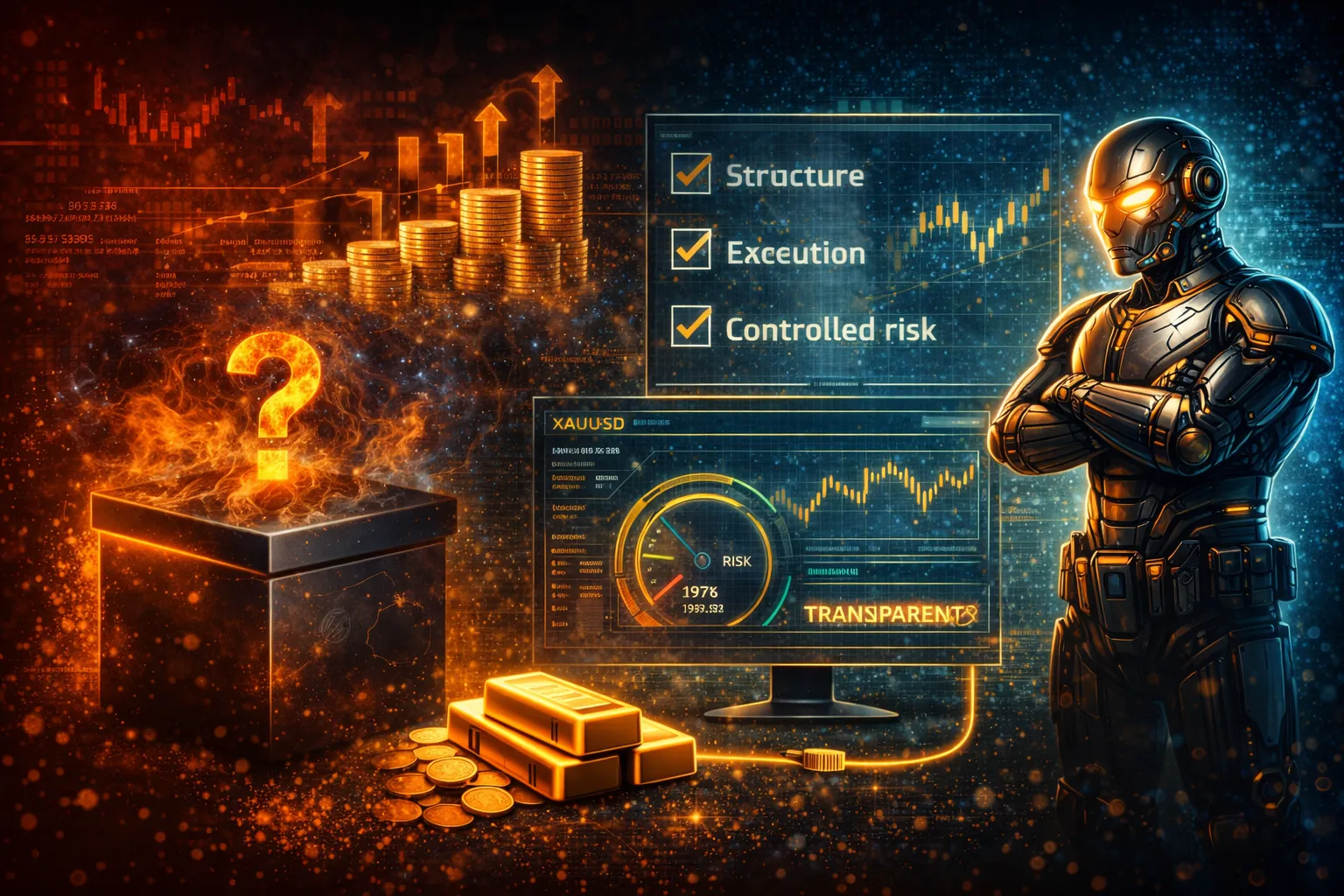 An armored trading robot stands beside gold bars and XAUUSD charts, with panels listing structure and controlled risk.