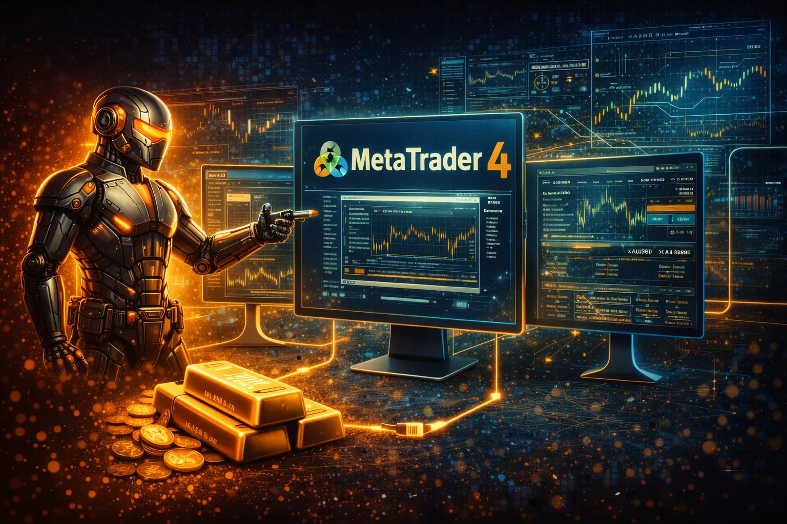 A futuristic trading robot points toward MetaTrader 4 charts beside gold bars and coins in a digital trading environment.