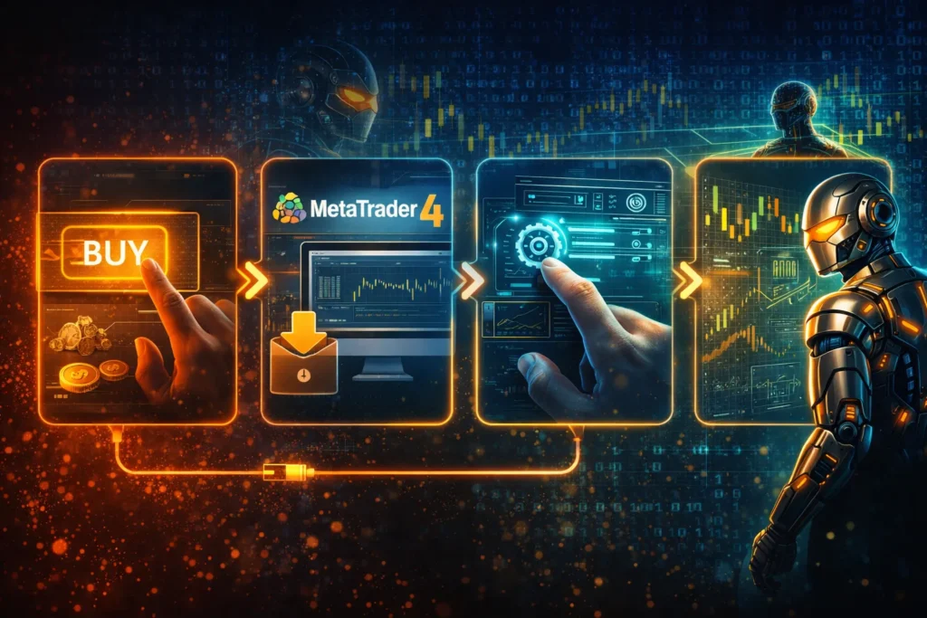 Glowing trading panels show a BUY button, MetaTrader 4, and chart controls as a robotic figure watches gold market signals in orange and blue.