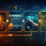 Glowing trading panels show a BUY button, MetaTrader 4, and chart controls as a robotic figure watches gold market signals in orange and blue.