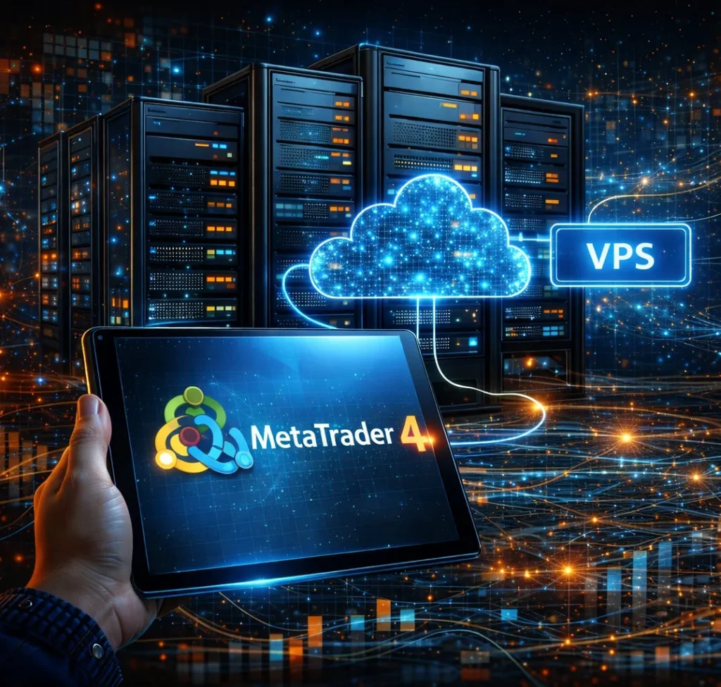 A glowing MetaTrader 4 tablet sits before server racks and a VPS cloud, with bright network lines and trading charts in the digital background.