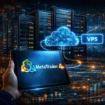 A glowing MetaTrader 4 tablet sits before server racks and a VPS cloud, with bright network lines and trading charts in the digital background.