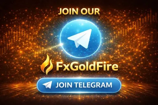 Promotional graphic with a Telegram logo, “JOIN OUR” headline, and blue “JOIN TELEGRAM” button for FxGoldFire.
