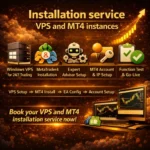 Installation service for VPS and MT4 instances with MetaTrader 4, expert advisor setup steps, and gold trading chart graphics in golden glow.