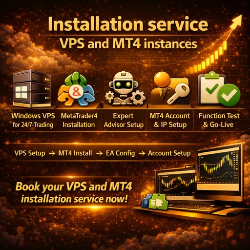 Installation service for VPS and MT4 instances with MetaTrader 4, expert advisor setup steps, and gold trading chart graphics in golden glow.