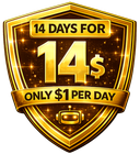 Gold and black “14 DAYS FOR 14s” badge with “ONLY $1 PER DAY” text, bold numbers and premium trading-style ribbon design.