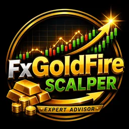 FxGoldFire Scalper logo with gold bars, rising trading chart, and Expert Advisor text in a black and gold design.