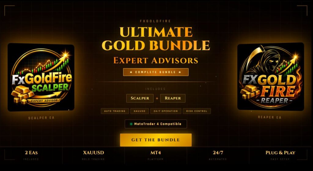FxGoldFire presents an Ultimate Gold Bundle with Scalper and Reaper Expert Advisors for XAUUSD gold trading on MetaTrader 4 in a black and gold design.