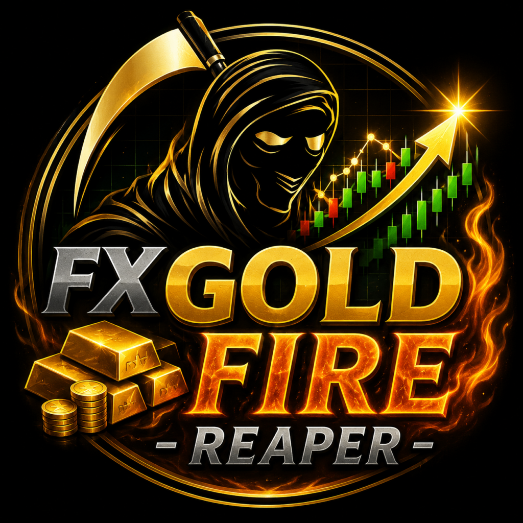 FX Gold Fire Reaper graphic shows a hooded reaper beside gold bars, coins, rising candlesticks, and an upward arrow on a dark background.