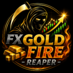FX Gold Fire Reaper graphic shows a hooded reaper beside gold bars, coins, rising candlesticks, and an upward arrow on a dark background.