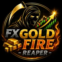 FX Gold Fire Reaper logo shows a hooded grim reaper beside rising candlestick charts, gold bars, and a bright upward arrow.