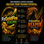 Black and gold FX GoldFire trading poster compares Scalper and Reaper expert advisors with charts, coins, and a hooded reaper graphic.