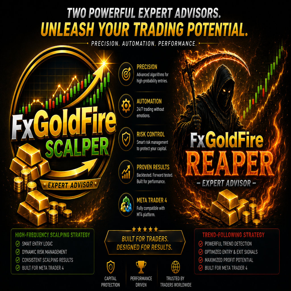 Black and gold FX GoldFire trading poster compares Scalper and Reaper expert advisors with charts, coins, and a hooded reaper graphic.