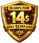 Gold and black “14 DAYS FOR 14s” badge with “ONLY $1 PER DAY” text, bold numbers and premium trading-style ribbon design.