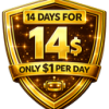 Gold and black “14 DAYS FOR 14s” badge with “ONLY $1 PER DAY” text, bold numbers and premium trading-style ribbon design.