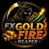 FX Gold Fire Reaper logo shows a hooded grim reaper beside rising candlestick charts, gold bars, and a bright upward arrow.