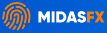 A blue MidasFX broker logo with an orange fingerprint icon and bold white lettering, mentioned alongside Gold Expert Advisor and MT4 trading brokers.
